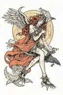 wisdom goddess full body standing moon rising crow tattoo design idea
