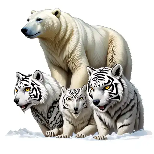 On arm, a polar bear on top, followed downard by a white tiger, snow wolf and snow owl. All have x mark on  tattoo design idea