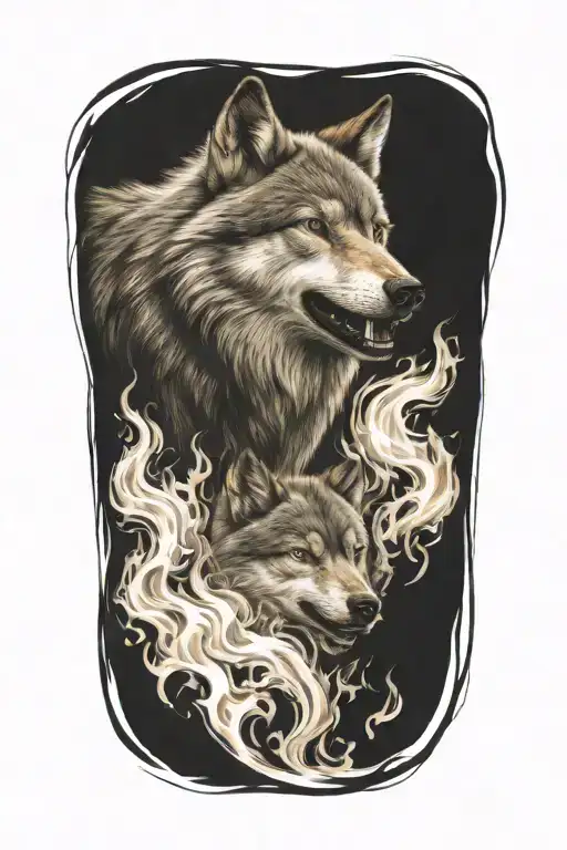 wolf fire flames left arm tattoo design idea