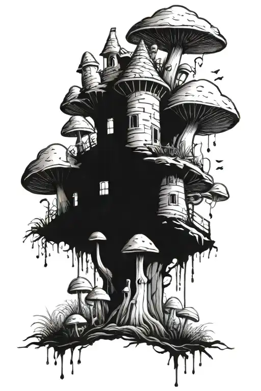 Mushrooms grow from the stump, and they grow into a castle. tattoo design idea