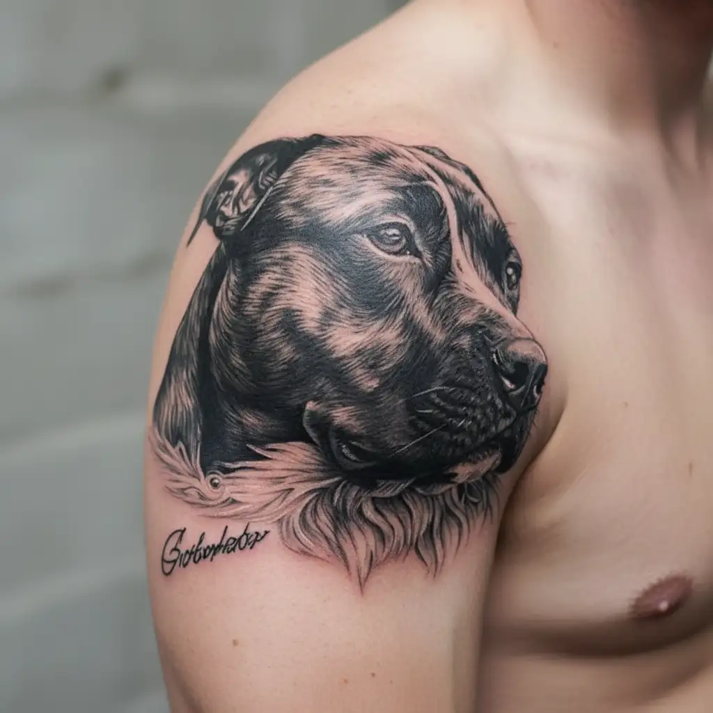 brindle staffy  and white tattoo design idea