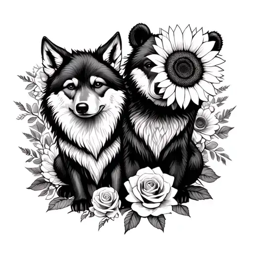  baby wolf and bear sitting with sunflowers and roses. black tattoo design idea