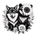  baby wolf and bear sitting with sunflowers and roses. black tattoo design idea