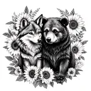  baby wolf and bear sitting with sunflowers and roses. black tattoo design idea