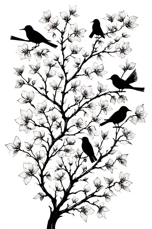 sideways very thin black and white masculine cherry branch tattoo with minimal blossoms  with 4 solid black birds.     tattoo design idea