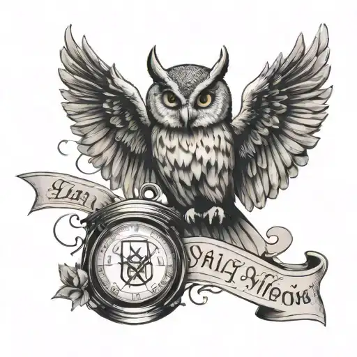 deathly hallows symbol with wand casting a spell incorporating hedwig the owl, golden snitch, coffee, disney and quote  tattoo design idea