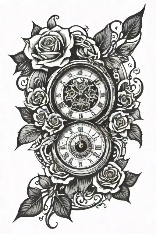 clock with eye inside and roses around it in black and white tattoo design idea