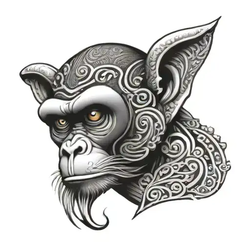 monkey head thai style tattoo with integrated writing "Ling" tattoo design idea