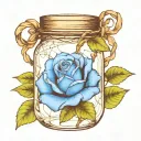 A blue rose inside a sealed mason jar wrapped in barbed wire tattoo design idea