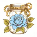 A blue rose inside a sealed mason jar wrapped in barbed wire tattoo design idea