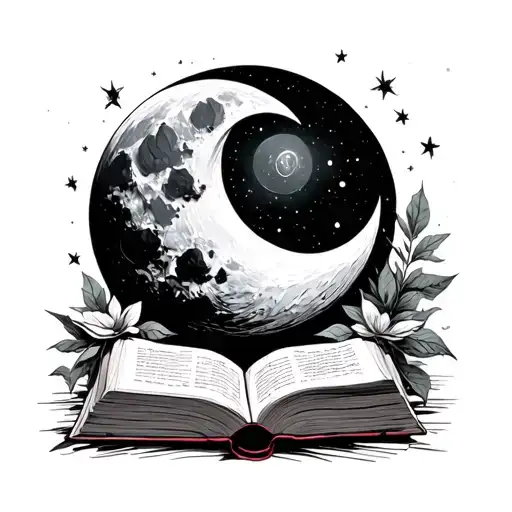 moon and book open in front tattoo design idea