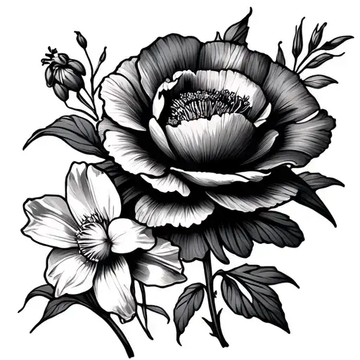 black and white tattoo with a carnation, a violet, a daffodil, a smooth, a lark and a poppy tattoo design idea