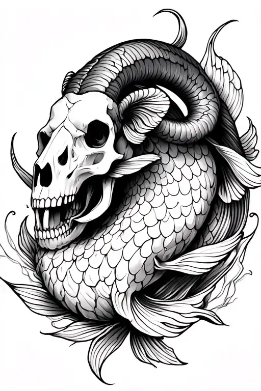 ram with 2 koi fish circling the ram skull surrounded tattoo design idea
