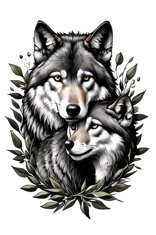 Wolf and Romulus and Remus surrounded by olive branches realistic style tattoo design idea