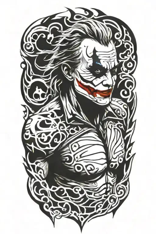 Heath ledger joker behind flames left arm sleeve tattoo design idea