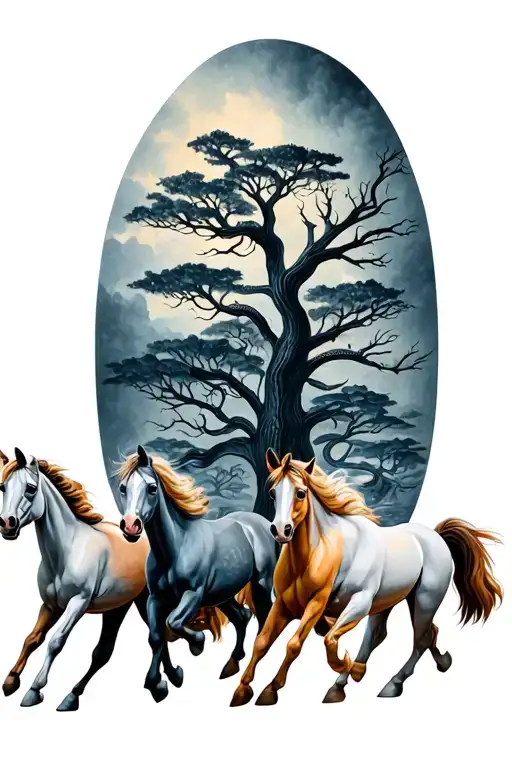 four mini horses running with scary trees in the background and snake slithering  tattoo design idea