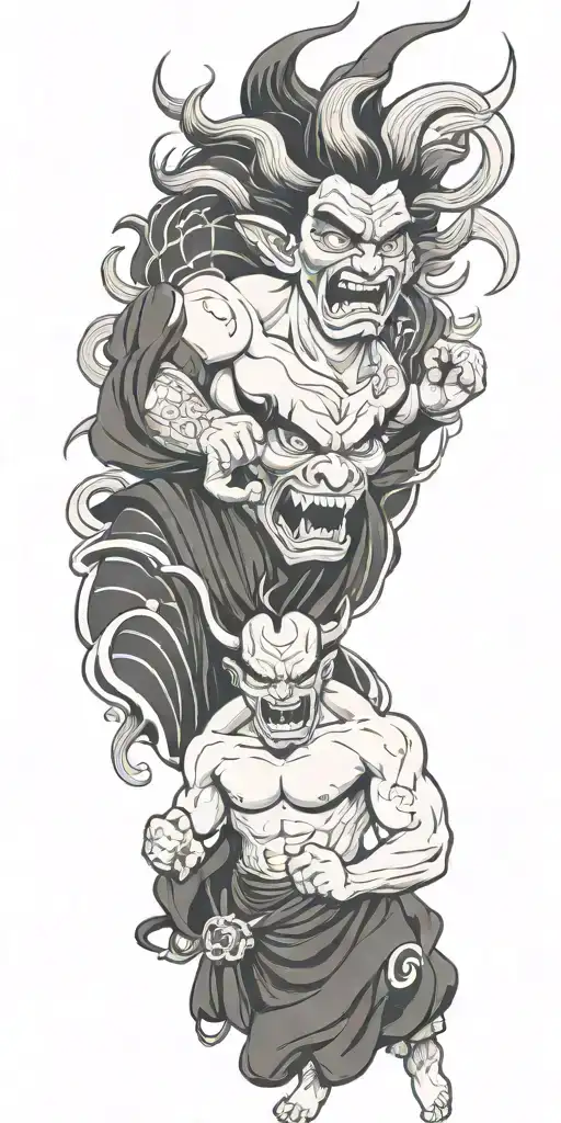 male anime character  oni mask fighting off inner demons with minimal black tattoo design idea