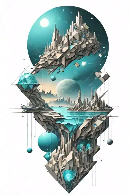 A geometric space landscape inspired by technology incorporating a small amount of cyan tattoo design idea
