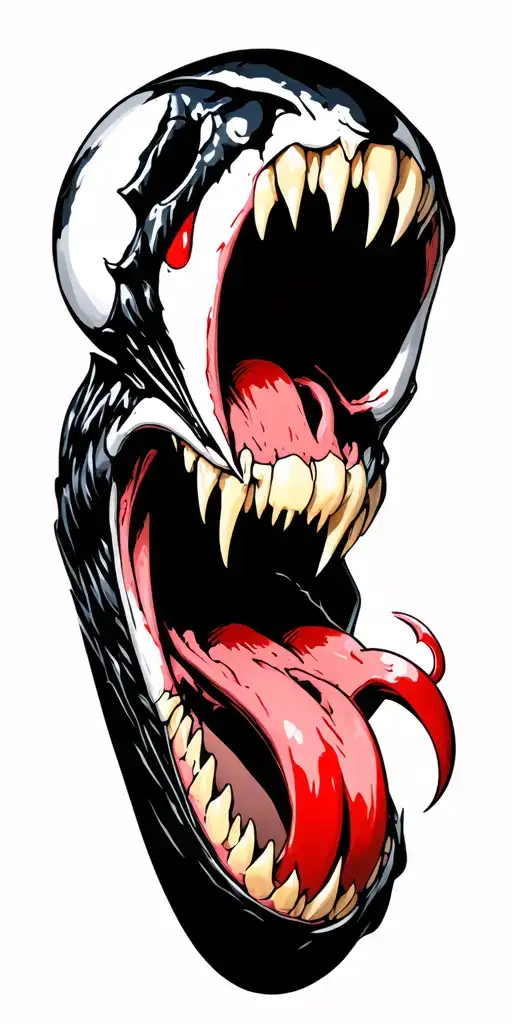 Venom's head with an open mouth, teeth on top and a red tongue sticking out. tattoo design idea