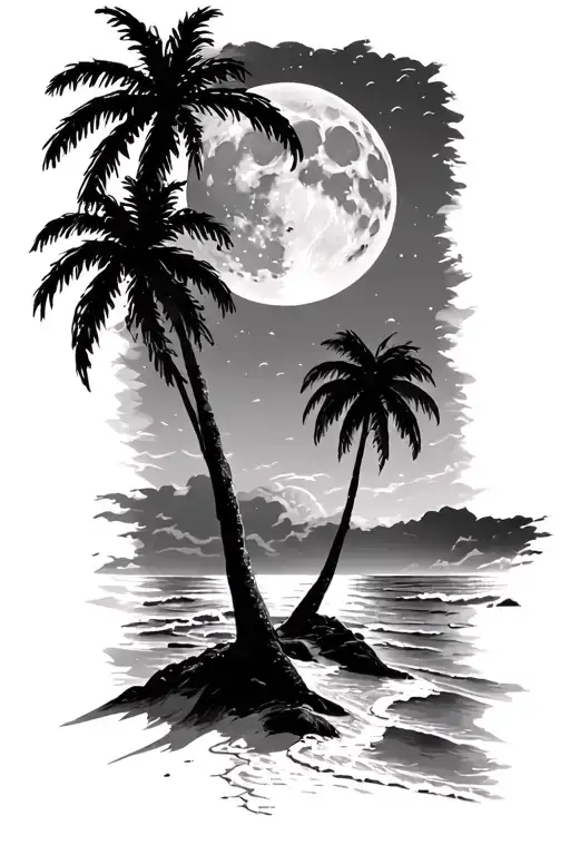 night beach scene with palm trees and a full moon tattoo design idea