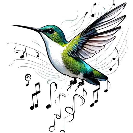 humming bird music notes floating in the air tattoo design idea