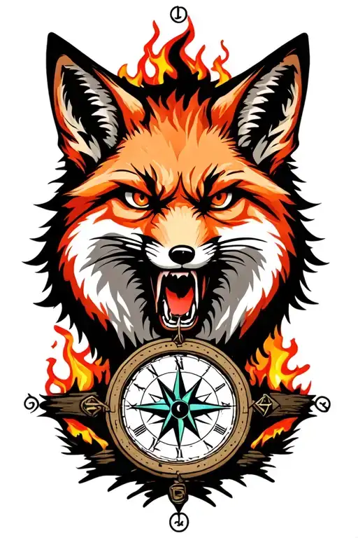 Angry Fox, forest, fire, compass, time, moon tattoo design idea