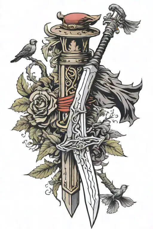 Guts sword from berserk stuck in the ground with a cardinal sitting on the hilt tattoo design idea