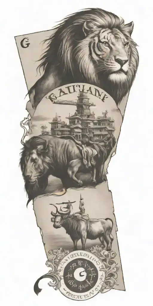 Punjabi Tattoo design featuring Stocks and the letter G, Add "Jatana" tattoo design idea