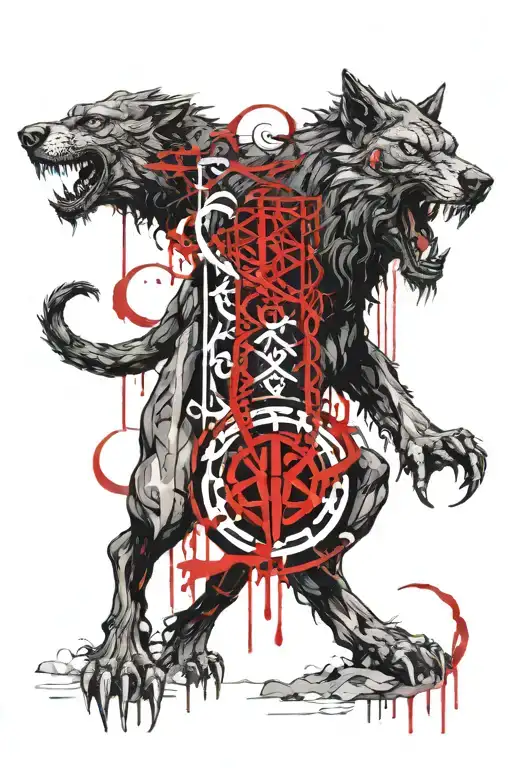 fenrir with gemini zodiac and runes tattoo design idea