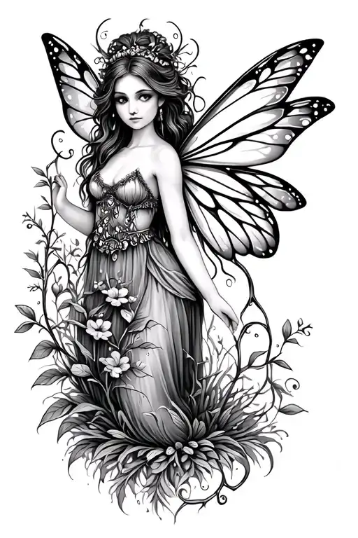 Fairy garden, fantasy, whimsical, dainty, vines, plants, goddess, nature tattoo design idea