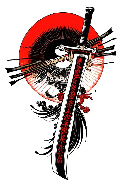 katana, Japanese sun, Shinto shrine in a wood block print style tattoo design idea