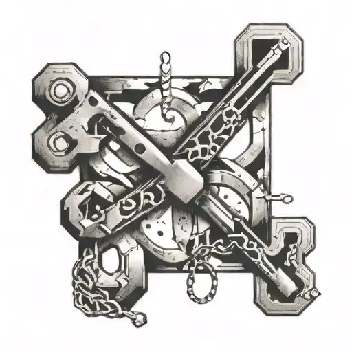 A geometric dollar sign intertwined with hotel keys tattoo design idea