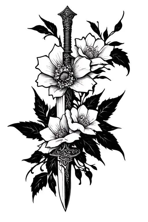 Maki dagger and flowers tattoo design idea