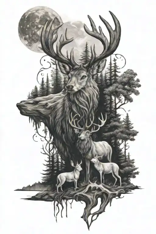 moon and sun with stag and wolf walking through a dense forest setting tattoo design idea