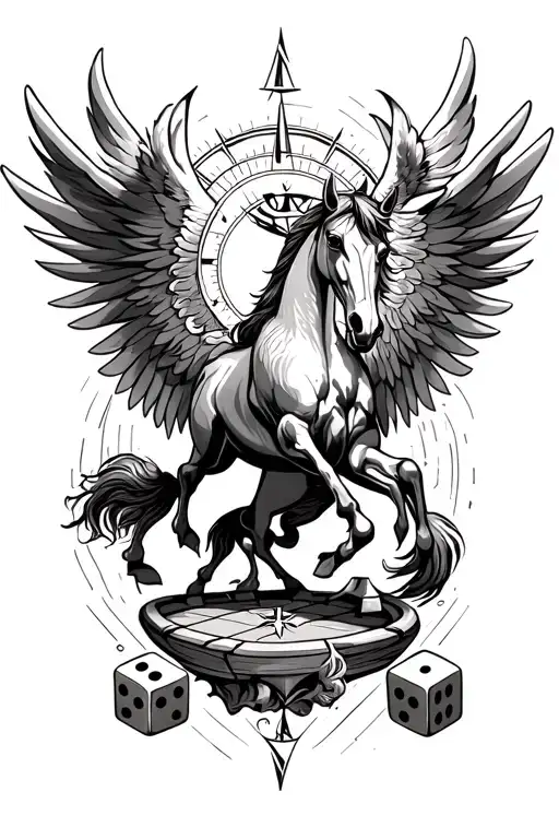 Phoenix, Compass, horse, dice symbolizing the gamble tattoo design idea