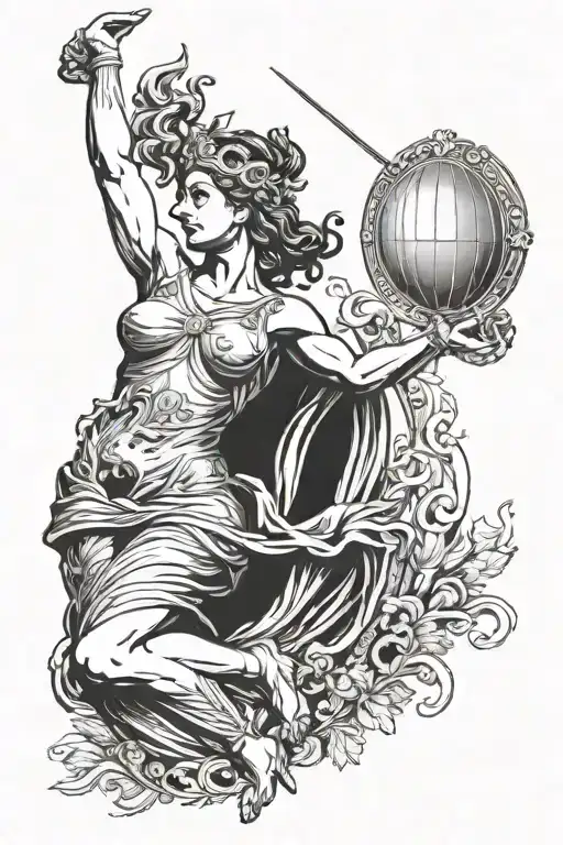 Ancient greek godess with with the atlantis as a backround tattoo design idea