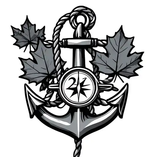 anchor with rope hanging with a compass and maple leaf with the number 27 stamped on it  tattoo design idea