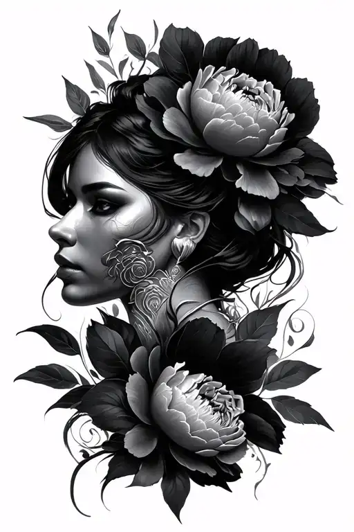 Peonies, Woman warrior face, Strength, Resliliance, black and grey, fierce tattoo design idea