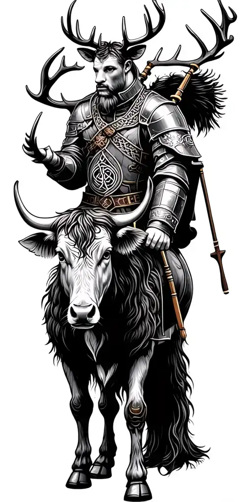 highland stag, knights templar knight, bagpiper, highland cow, unicorn, celtic knots and scottish thistle as filler tattoo design idea