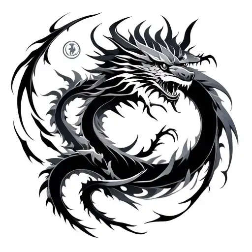 abstract design with dragon in the middle surrounded tattoo design idea