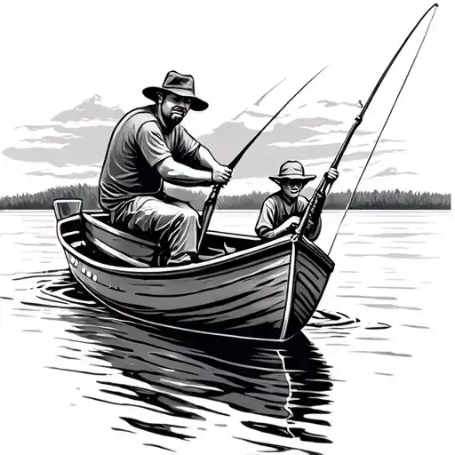 dad and son fishing in a boat  tattoo design idea