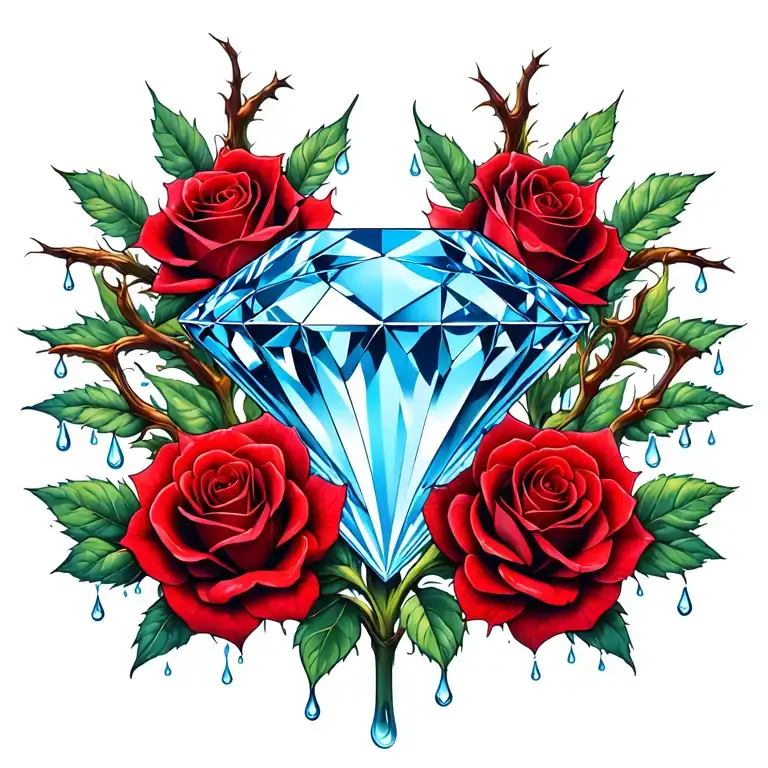 1 large blue diamond surrounded by 2 long-stem red roses with thorns, surrounde by female reproductive organ, rain drop tattoo design idea