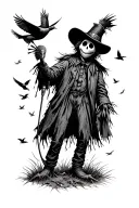 A gothic scarecrow looking forward with microphone and birds off in the distance tattoo design idea