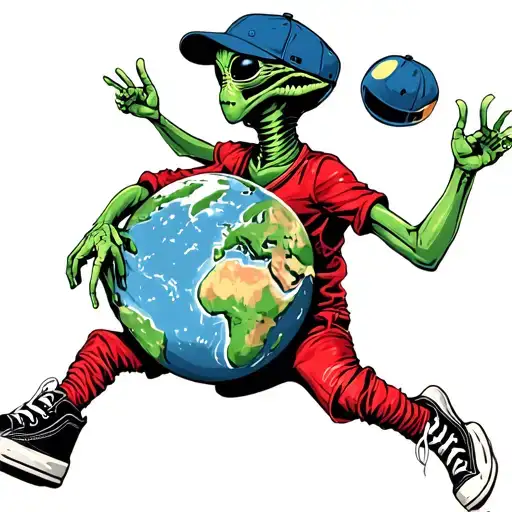 alien in big hightop shoes with LS on baseball cap dancing with earth globe  tattoo design idea