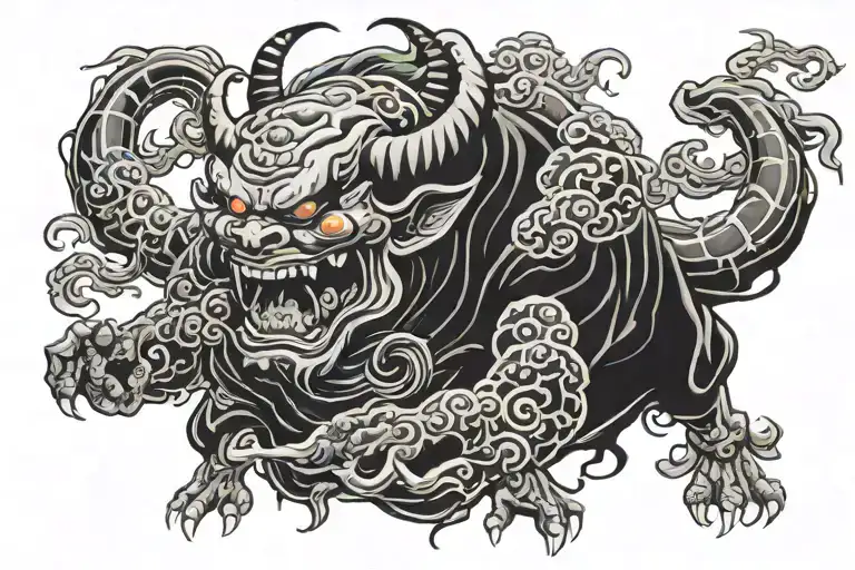 Japanese Oni Demon representing loneliness and insanity, with haunting features and swirling shadows. tattoo design idea
