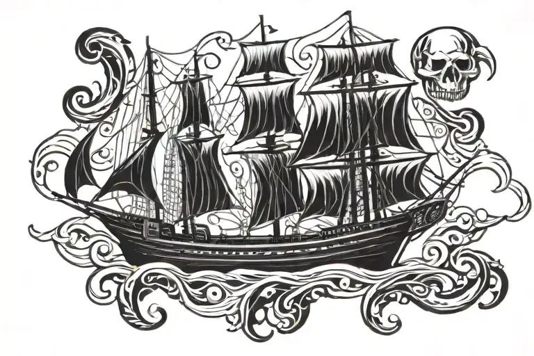 line art of a wooden schooner with at least 9 sails and a mastodon skull with 4 tusks on the front of the ship tattoo design idea