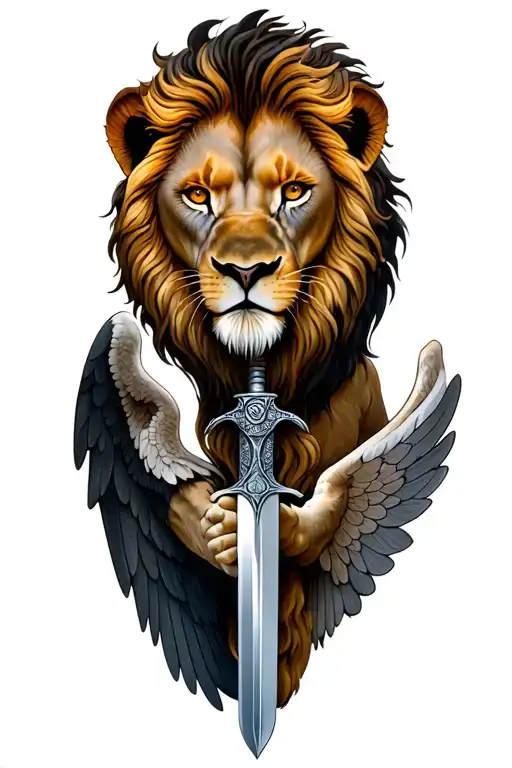 REALISTIC TATTOO ROAR LION WITH BROWN EYES AND UNDER THE LION  ARCH ANGEL WITH WINGS AND SWORD IN THE ANGEL HAND PLUS SU tattoo design idea