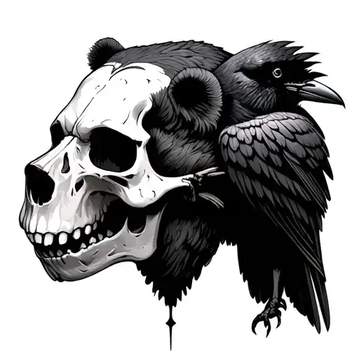 bear skull with crow perched tattoo design idea