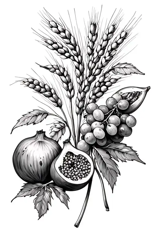 barley, dates, figs, grape vine, olive vine, pomegranate, wheat tattoo design idea
