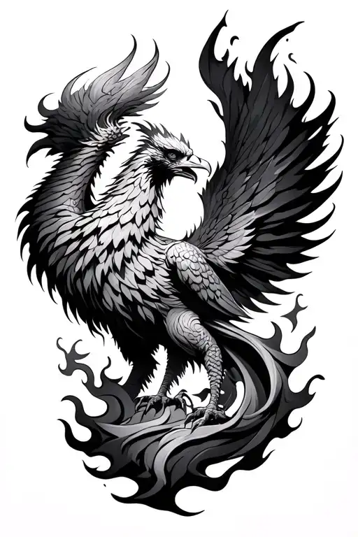 Masculine Phoenix with flames rising around it tattoo design idea